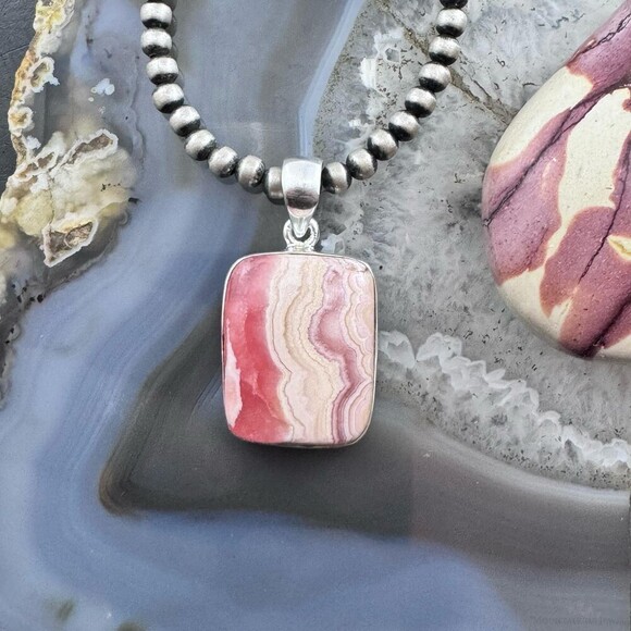 Sterling Silver Southwestern Style Rectangle Rhodochrosite Pendant For Women - Picture 2 of 10